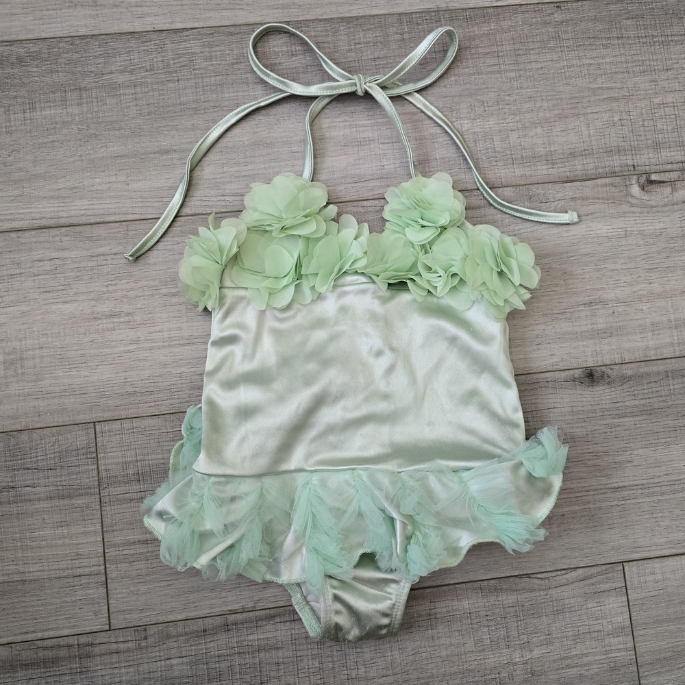 Dollcake Vintage Mint Green Satin Lace & Tulle Kids Swimsuit One Piece Size 2